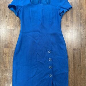 Liz Claiborne Blue Sheath Dress | Square Neck | Button Detail | Size 4